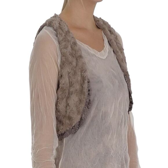 Faux Fur Cropped Bolero Vest Size M Mocha Taupe Rosette Satin Open Boho Fall NWT - Picture 2 of 8